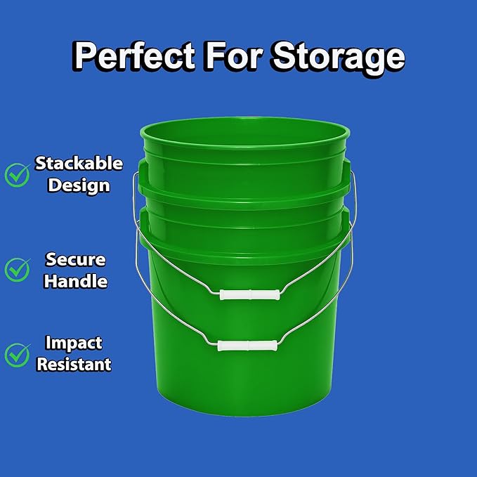 5-Gallon Bucket with Airtight Lid – Made in USA, Food Grade BPA Free Plastic, Heavy Duty Multi-Use, Metal Handle with Grip, Stackable Storage – Green, 1 Pack
