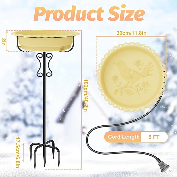 Heated Bird Bath for Outside Winter,100W Thermostat Control Birdbath Bowl with Metal 5-Prong Base,Freestanding Heated Bird Baths for Outdoors Garden Patio Yard Lawn (Beige)