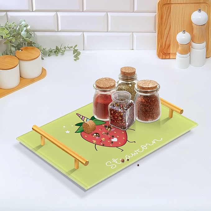 Bathroom Vanity Tray Counter Organizer, Cute Strawberry Decorative Tray with Handles Countertop Storage for Bathroom Bedroom Kitchen Home Farmhouse