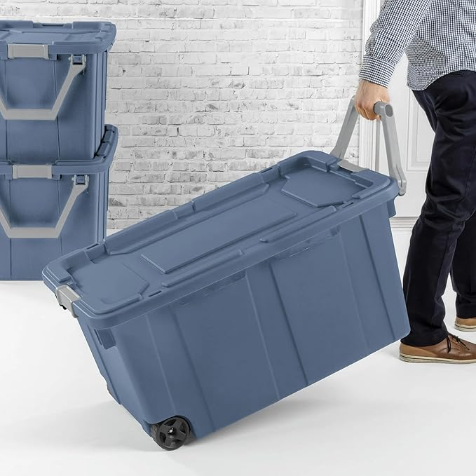 2-Pack 40 Gallon Heavy-Duty Stackable Storage Bins with Secure Lids & Smooth-Rolling Wheels – Organizing Containers for Home, Garage, Office & Basement (Blue)