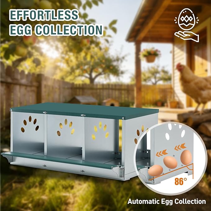 3 Compartment Metal Chicken Nesting Box, Roll Out Hen Laying Box for Easy Egg Collection, Wall Mount Poultry Nest Box for Backyard Chickens, Green, 32.09" L x 16.34" W x 15.35" H