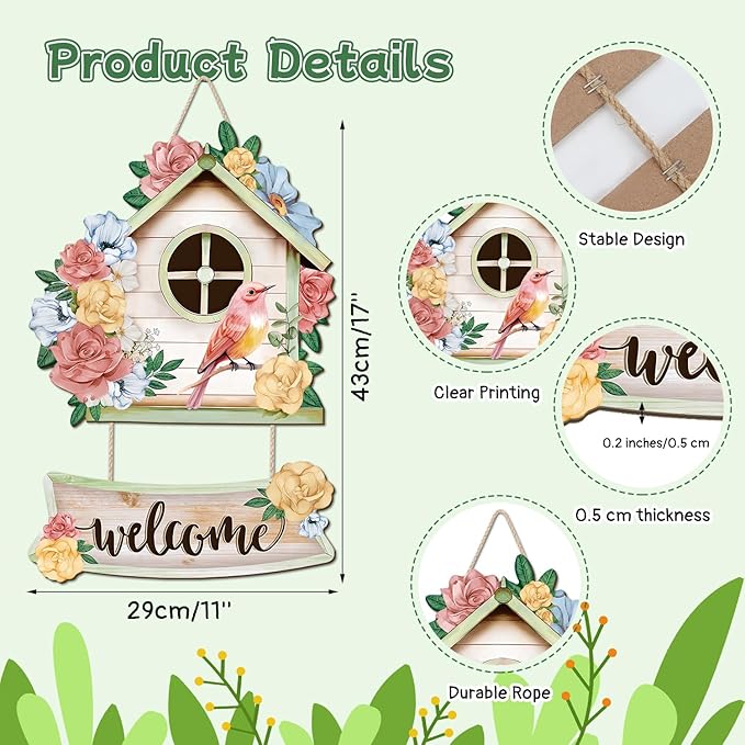 CHDITB Welcome Spring Wooden Sign, Floral Birdcages Wooden Hanging Plaque, Pink Birds Flowers Front Door Hanger, Spring Sign Rose Welcome Wall Art for Farmhouse Outdoor Spring Wall Art Decor