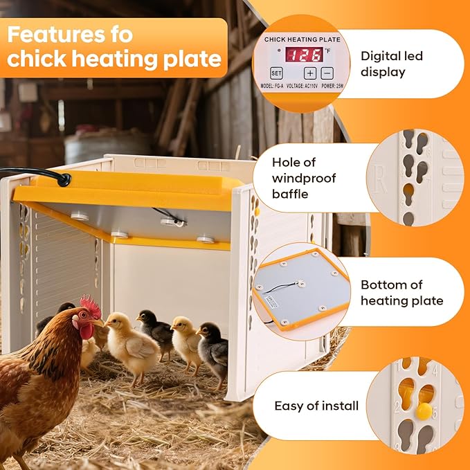 Brooder Plate for Chicks, 25W Heat Plate with Temperature Control, 9.76" x 9.76" Brooder Heater Adjustable Height and Angle, Chick Warmer Brooding Heating Plates for Baby Chicken Poultry Duck