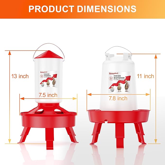 2-in-1 Chick Starter Set: 0.4 Gal Feeder and 0.4 Gal Waterer with Adjustable Legs for Baby Chicks, Includes Scoop, Hanging Hooks, Anti-Drown Design - BPA-Free Plastic (Red)