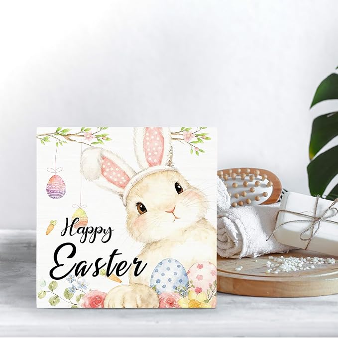 Happy Easter Bunny Wooden Box Sign Desk Decor, Easter Rabbit Decor, Spring Floral Egg Bunny Wood Signs for Bedroom Home Office Desk Table Shelf Decorations, 5x5 Inch