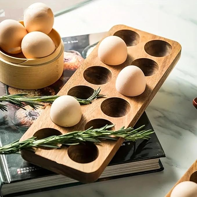 Solid Wood Egg Holder Countertop Wooden Egg Tray to Hold Fresh Eggs Rustic Egg Storage Rack Deviled Egg Plates for Countertop Display Kitchen Organization Refrigerator Storage (12 Eggs)
