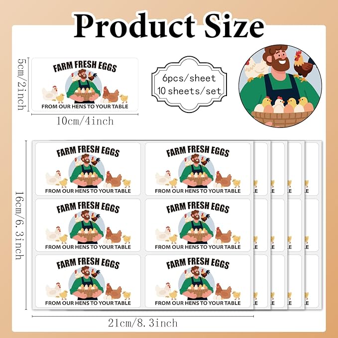 60Pcs 2" x 4" Farm Fresh Eggs Label Rectangle Egg Carton Stickers from Our Hens to Your Table Self Adhesive Packaging Tags for Box Container Business Farmhouse Markets Supplies