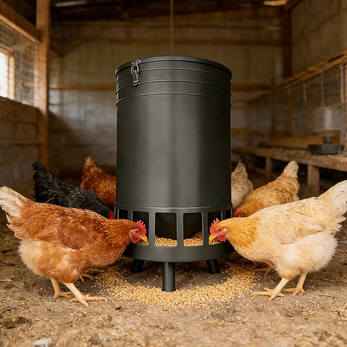 50LB Large Capacity No-Waste Chicken Feeder - Automatic Gravity Dispenser with 16 Feeding Ports, Spill-Control Design, Rust-Proof Powder Coated Metal Poultry Feeder for Coop & Outdoors