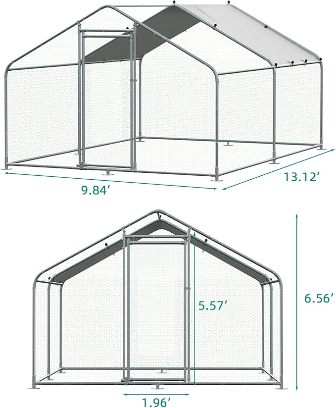 VIVIJASON Large Metal Chicken Coop Outdoor Walk-in Poultry Cage Hen Run House Rabbits Habitat Cages Spire Shaped Coop with Waterproof and Anti-UV Cover for Yard Farm (13.12' L x 9.84' W x 6.56' H)
