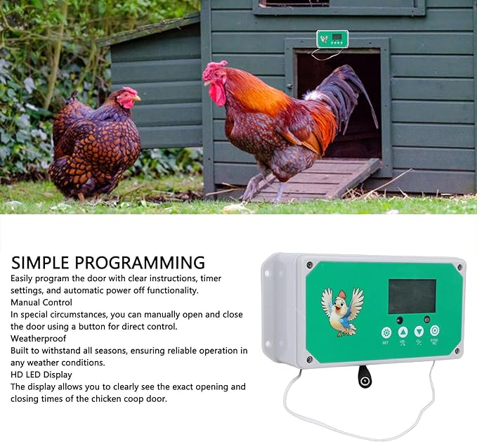 Automatic Chicken Coop Door Opener, Programmable Timer for Poultry Farm Duck House Chicken Coop Accessory (US Plug 100-240V)