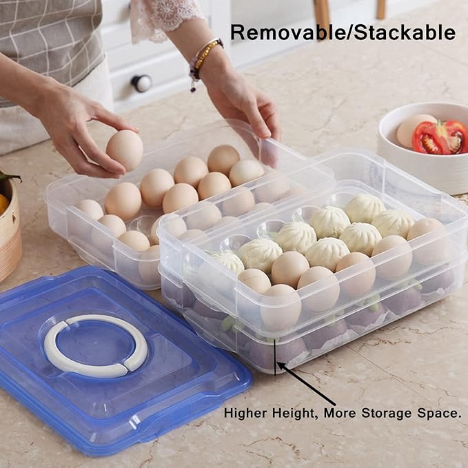 Egg Storage Container for Refrigerator, 3-Layer Deviled Egg Tray, Stackable Fridge Egg Organizer with Lid and Handle, Extra Large Holder, 60 Count Eggs Keeper(blue 3 layer)