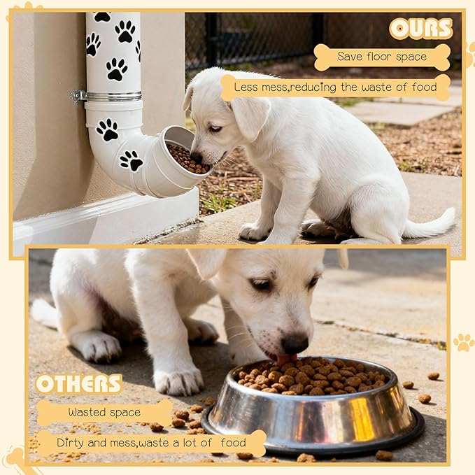 Gravity Dog Self Feeder with Puppy Paw Print Stickers 6 Pounds Large Capacity Hanging Pet Feeding Automatic Dispenser PVC Pipe Feeder for Cat Chicken Turkeys Indoor & Outdoor Use