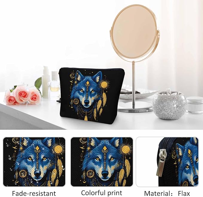 Wolf Makeup Bags Makeup Organizer, Native American Style Wolf Feather Flax Toiletry Bags Travel Cosmetic Bag Makeup Purse Pouch Skincare Bag Wallet Bags For Women Female Mom Daughter, Blue