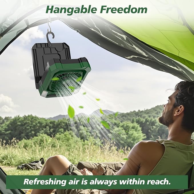 Camping Fan Battery Powered & Solar Powered, Portable Solar Fan 10000mAh Rechargeable Outdoor Fans with Light, Quiet Cordless Fans for Tent, RV, Emergency, Hiking, Power Outage, Desk, Survival Kit