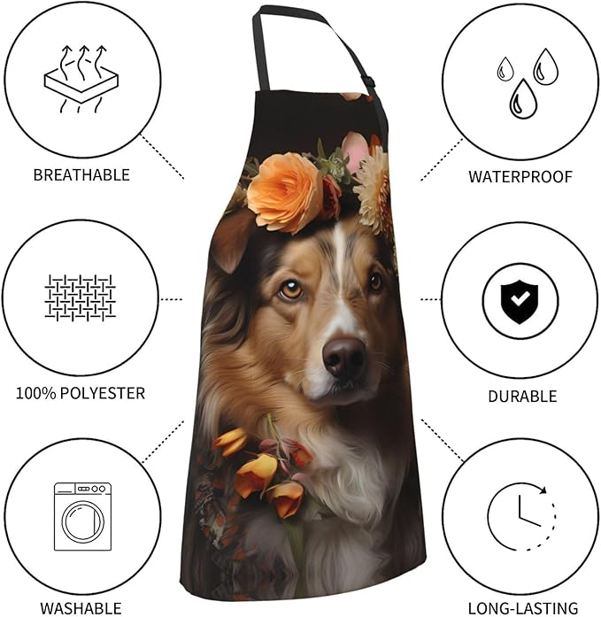 Dogs and Roses Heavy Duty Waterproof Apron with Pockets for AdultsResistant Grilling, Gardening, Painting