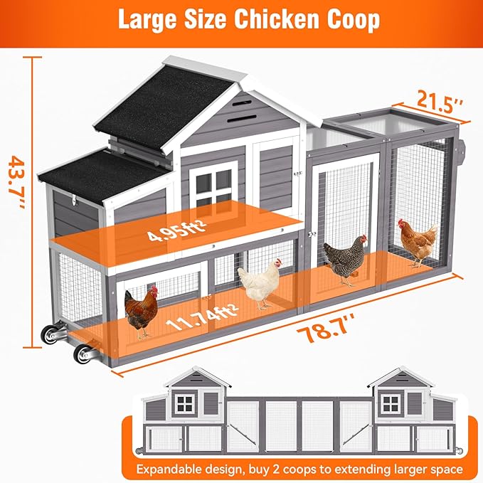 Chicken Coop for Outdoor, Mobile Poultry Cage with Wheels, Nesting Box, Weatherproof Roof and Leakproof Pull-on Tray for 4-6 Chickens, 78.7" L x 21.5" W x 43.7" H (Grey)