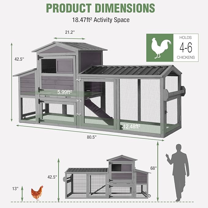 Mobile Chicken Coop with Wheels for 4-6 Chickens, Large Wooden Hen House Expandable Duck Cage with Run, 2 Nesting Boxes, Easy Clean Pull-Out Tray, Waterproof Asphalt Roof (Grey)