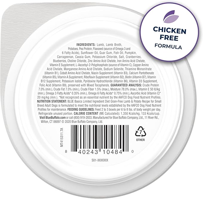 Blue Buffalo Basics Adult Small Breed Grain-Free Wet Dog Food for Skin & Stomach Care,Limited Ingredient Diet,Lamb Recipe,3.5-oz. Cups,12 Count (Pack of 2)