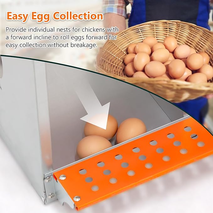 Chicken Nesting Box, 6 Compartment Wall Mount Metal Chickens Laying Boxes for Hens, Ducks, Roll-Out Egg Collection for Chicken Coop, Backyard, Farms, Orange