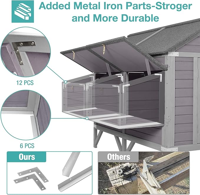 Outdoor Chicken Coops with Large Wheels,Upgrade Large Poultry Cage with Strong Iron Frame,Wooden Hen House for 4-6 Chickens