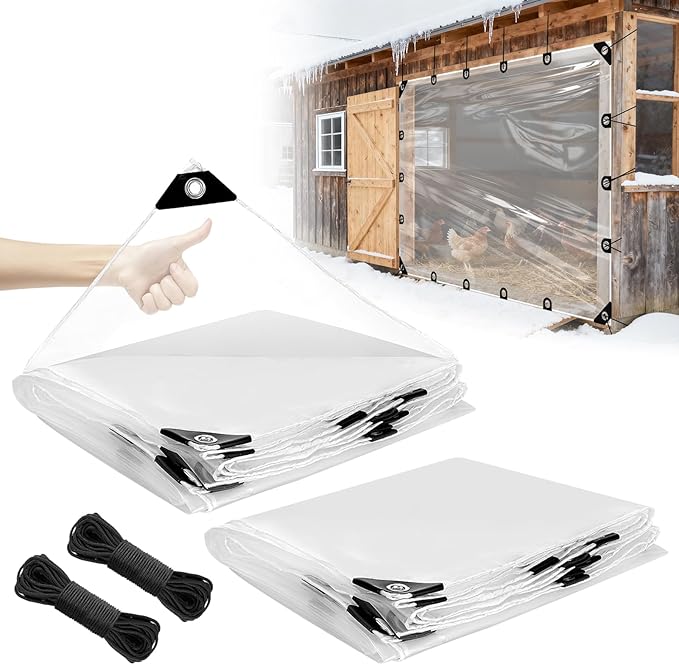 6x8ft Anti-Tear Clear Tarp Waterproof - 2pcs Windproof Poly Tarpaulin, Heavy Duty Transparent Enclosure with Grommets for Covering Chicken Coops Greenhouse Garden Plants