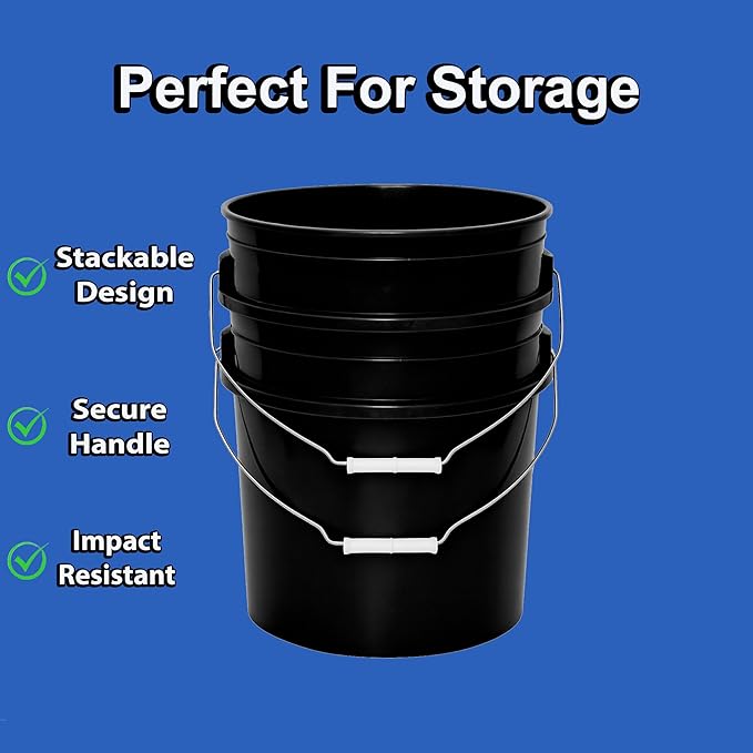 3.5-Gallon Bucket with Airtight Lid – Made in USA, Food Grade BPA Free Plastic, Heavy Duty Multi-Use, Metal Handle with Grip, Stackable Storage – Black, 3 Pack
