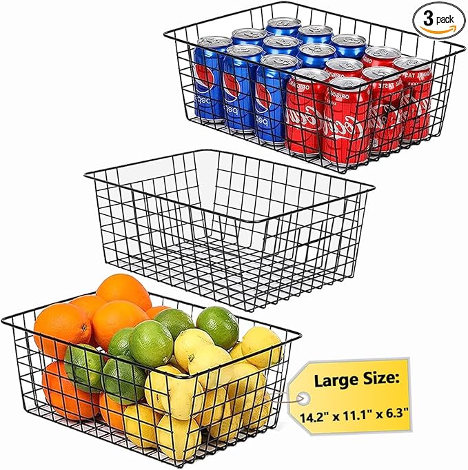 3 Pack Large Wire Baskets for Organizing 14.2'' Metal Wire Baskets with Built-in Handles, Wire Storage Basket Black Metal Freezer Organizer Wire Basket for Pantry, Cabinets, Bathroom
