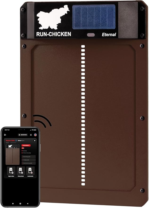 RUN-CHICKEN Door Eternal – Solar Automatic Chicken Coop Door with Built-in Solar Power & Battery Backup, Smart App & Timer Control, Weatherproof Aluminum, Predator-Proof, Easy to Install (Brown)