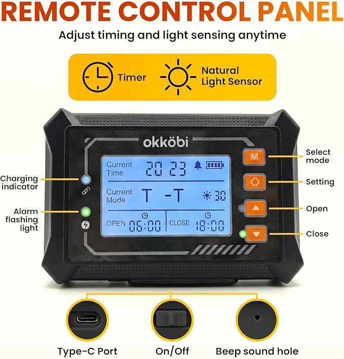 Wireless Automatic Chicken Coop Door – Solar Powered – LCD Display, Timer & Light Sensor – Anti-Pinch, All-Weather Aluminum – 5-Year Protection - Okköbi