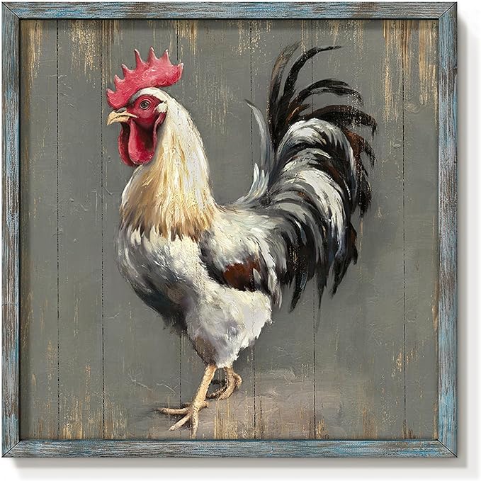 Rooster Wooden Wall Art Decor: Farm Cock Picture Country Animal Framed Artwork Rustic Farmhouse Chicken Painting for the Kitchen Living Room 16"x16"