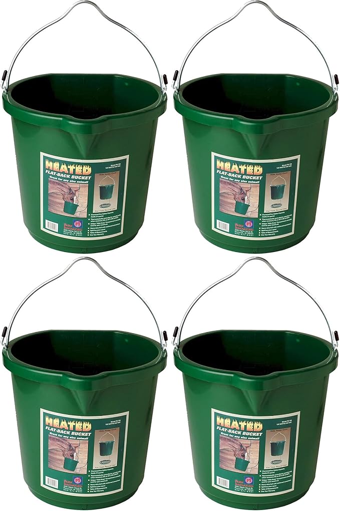 Farm Innovators 4 Pack Heated Water Bucket, 120W Heating Power - Flat Back 5 Gallon Plastic Bucket with Cord Storage for Livestock Watering & Feeding