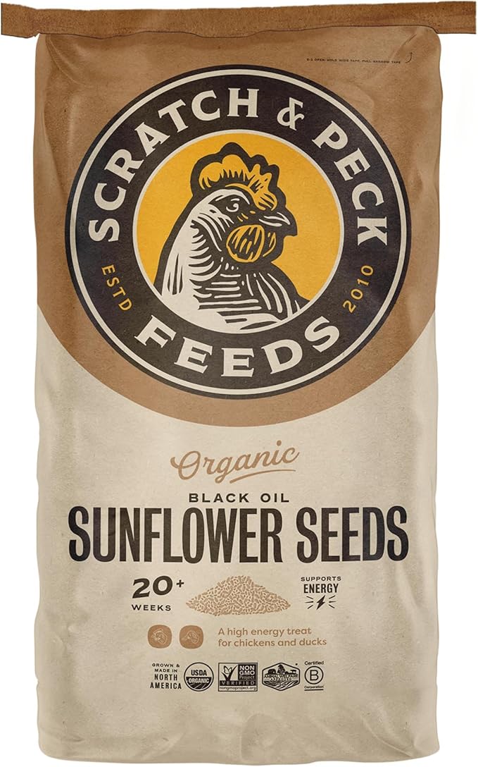 Scratch and Peck Black Oil Sunflower Seeds Chicken and Duck Treat - 25 lbs Bag - 15% Protein, Certified Organic and Non-GMO Project Verified Chicken Food