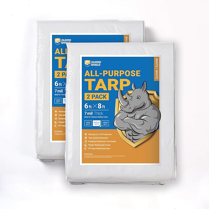 GUARD SHIELD White Tarp 6x8 Feet Medium Duty All Purpose Poly Tarps Cover 7mil (2-Pack)