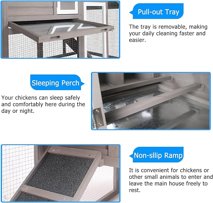 PetsCosset Chicken Coop Wooden Backyard Hen House - Indoor Outdoor for 2-3 Chickens, 2 Story Poultry Cage with Run, Chicken Nesting Box, Pull Out Trays and Anti-Slip Asphalt Ramp