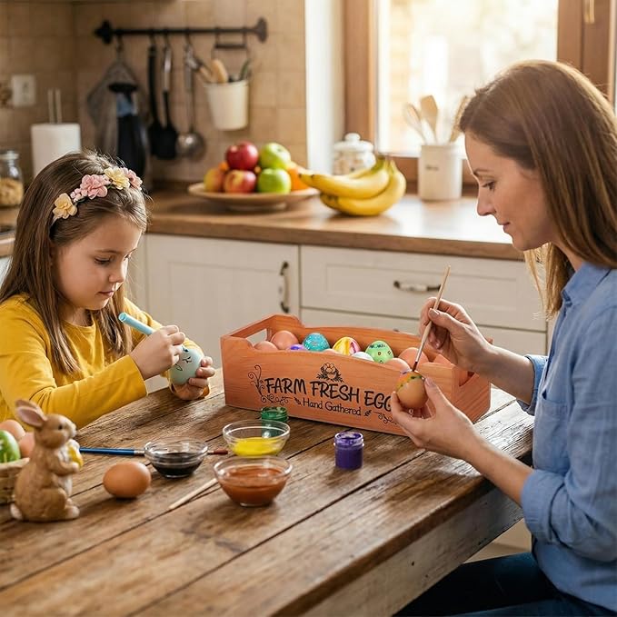 2 Pieces Wooden Egg Holder Countertop, Stackable 12 Capacity Farmhouse Rustic Pinewood Egg Storage Display Rack Basket with Handle, Eggs Organizer Stand Box with “Farm Fresh Eggs” Print