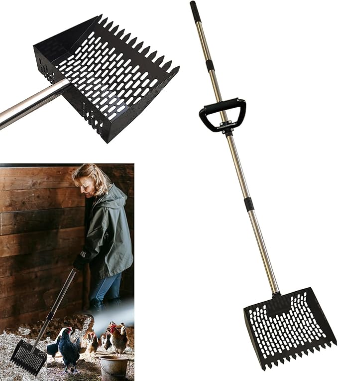 2 in1 Chicken Poop Scooper & Rake 10 Inch Chicken Scooper with Ergonomic Grip Adjustable Long Handle (22 to 62") Sifting Shovel Stainless Steel Metal Poop Scooper