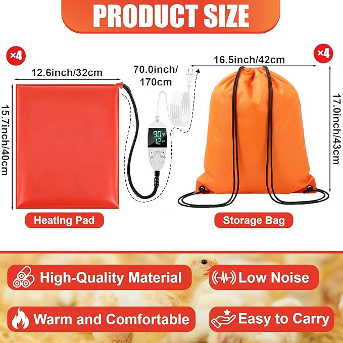 4 Pack Heated Chicken Pad for Brooders Small Animal Pet Heating Pad Warming Chick Nesting Mat with Temperature and Timer Waterproof Chicken Coop Heater Mat(15.7 x 12.6 Inches)