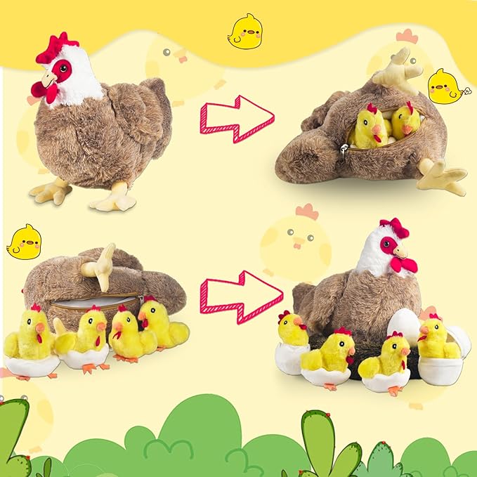 9 in 1 Chicken Stuffed Animal Set, Stuffed Chicken Plush Toy Egg Laying Hen with Zipper and Baby Chicks Plush Chickens, Eggs and Coop Chicken Toys for Kids Girls Boys Birthday Easter Stuffers Gifts