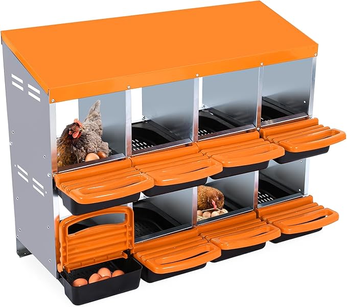 8-Hole Chicken Nesting Box, Roll Away Nest with Removable Tray, Rustproof Galvanized Steel, Easy Egg Collection & Cleaning, Wall-Mount Design - Orange