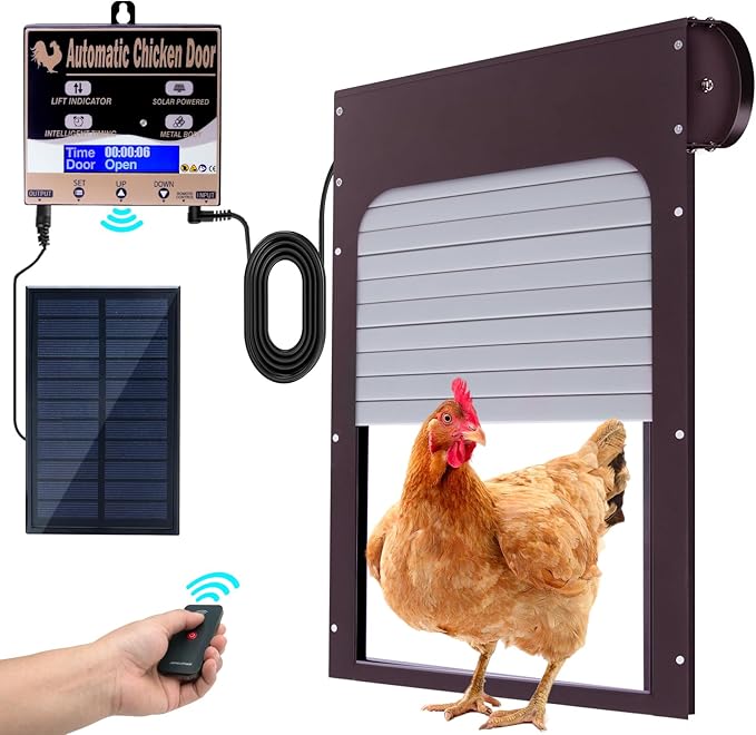 Automatic Chicken Coop Door Solar Powered - Remote Control/Timer/Light Sensor 3 Modes, Anti-Pinch Safety System with LCD Display & Auto Lock