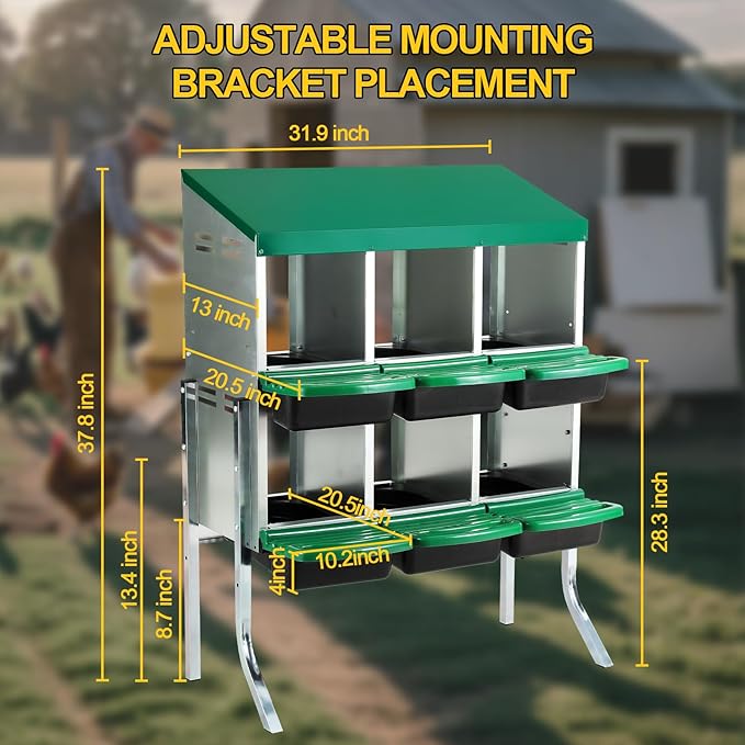 Two-Tier Chicken Nesting Box,6 Hole Metal Chicken Egg Laying Box with Swing Perch and Rollout Egg Collection Protect Eggs