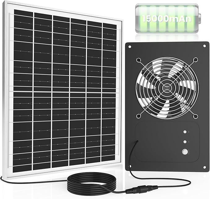 Solar Fan with Battery 15000 mAh and Timer - 25W Powered Exhaust Fan High Wind Speed Rainproof for Outdoor Greenhouse, Chicken Coop, Doghouses, Shed, Vent, Windows
