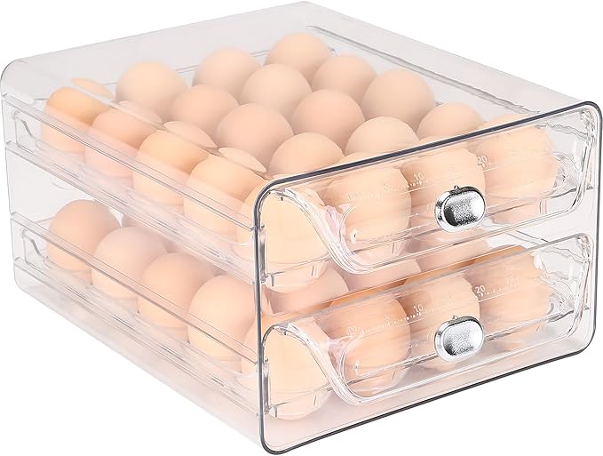 Sea Team Clear Plastic Egg Holder for Fridge, Stackable Refrigerator Egg Container with 2 Removable Trays, Dispenser for Kitchen Storage and Organizer