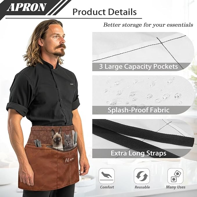 Waist Apron with 3 Pockets Waterproof 13 Inch Short Half Waist Aprons Women Men Server Aprons Waitress Waiter Apron