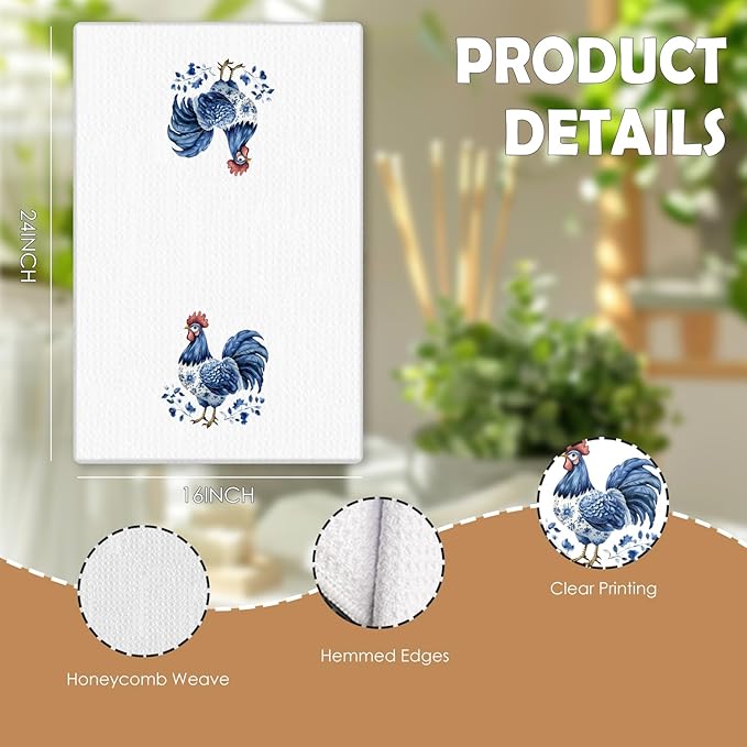 Chinoiserie Chicken Kitchen Towels, Chicken Lover Mom Lady Gifts Decorative Dish Tea Towels for Kitchen, Blue and White Floral Hen Hand Towels for Bathroom, 16x24 Inches