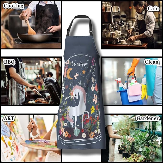 Cook Apron for Men Unicorn Floral Moon Cute Aprons for Women for Kitchen Cooking Restaurant BBQ Painting Crafting 27” (W) x 31” (H), Waterproof Apron