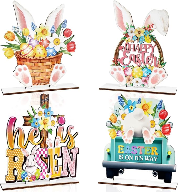 Easter Decor- 4pcs Wooden Easter Bunny Table Centerpieces for Tabletop Rustic Bunny Wood Table Sign with Eggs and Flower Ornament, Farmhouse Rabbit Decorations for home, Office, and Party Suppliers