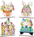 Easter Decor- 4pcs Wooden Easter Bunny Table Centerpieces for Tabletop Rustic Bunny Wood Table Sign with Eggs and Flower Ornament, Farmhouse Rabbit Decorations for home, Office, and Party Suppliers