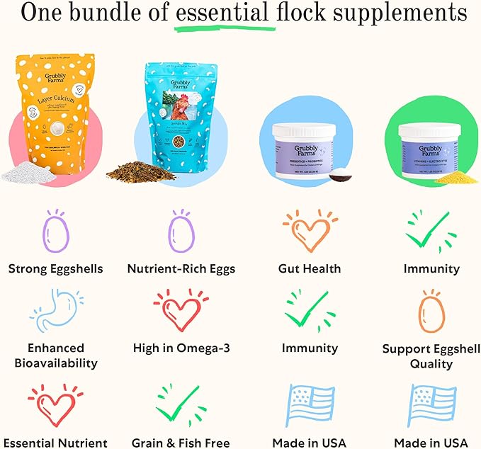 Grubbly Farms Supplements Bundle - Layer Calcium, Probiotics+Prebiotics, Vitamins+Electrolytes & Omega Mix - Complete Nutrition Support, Strong Eggshells & Digestive Wellness for Laying Hens - 4 Pack