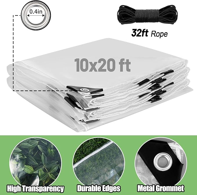10x20ft Anti-Tear Clear Tarp Waterproof for Patio Winterizing - 5 mil Snowproof & Windproof Clear Plastic Tarps with Grommets for Garden Enclosure Chicken Coop
